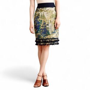 Maeve Scenic Tapestry Pencil Skirt Size 10 Pom Trim